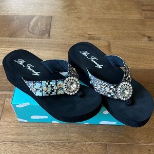Aqua Blue / Black Embellished Women's Sandals